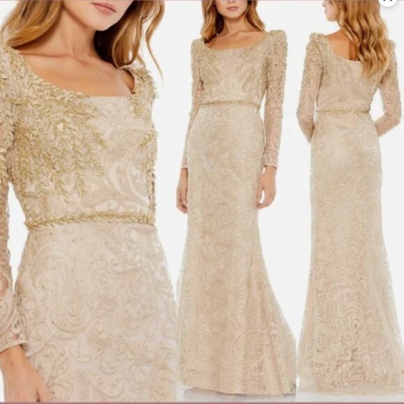 MAC DUGGAL 11187 EMBROIDERED APPLIQUE SHOULDER TRUMPET LIGHT GOLD GOWN sz 8 - Picture 1 of 3